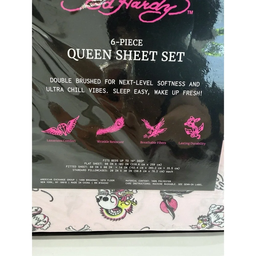 Ed Hardy 6-Piece Pink QUEEN Sheet Set Skull Bunny w/4 Pillowcases  New